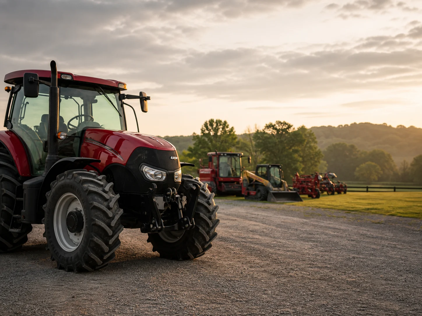 Compact skid-steer loader with attachment beside a barn