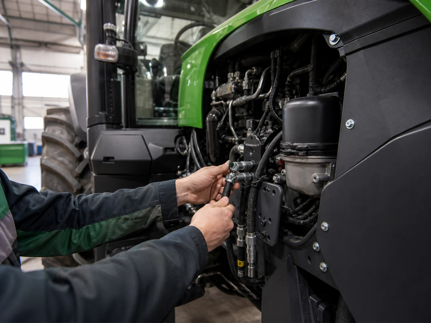 Technician inspecting a tractor in an organized service bay