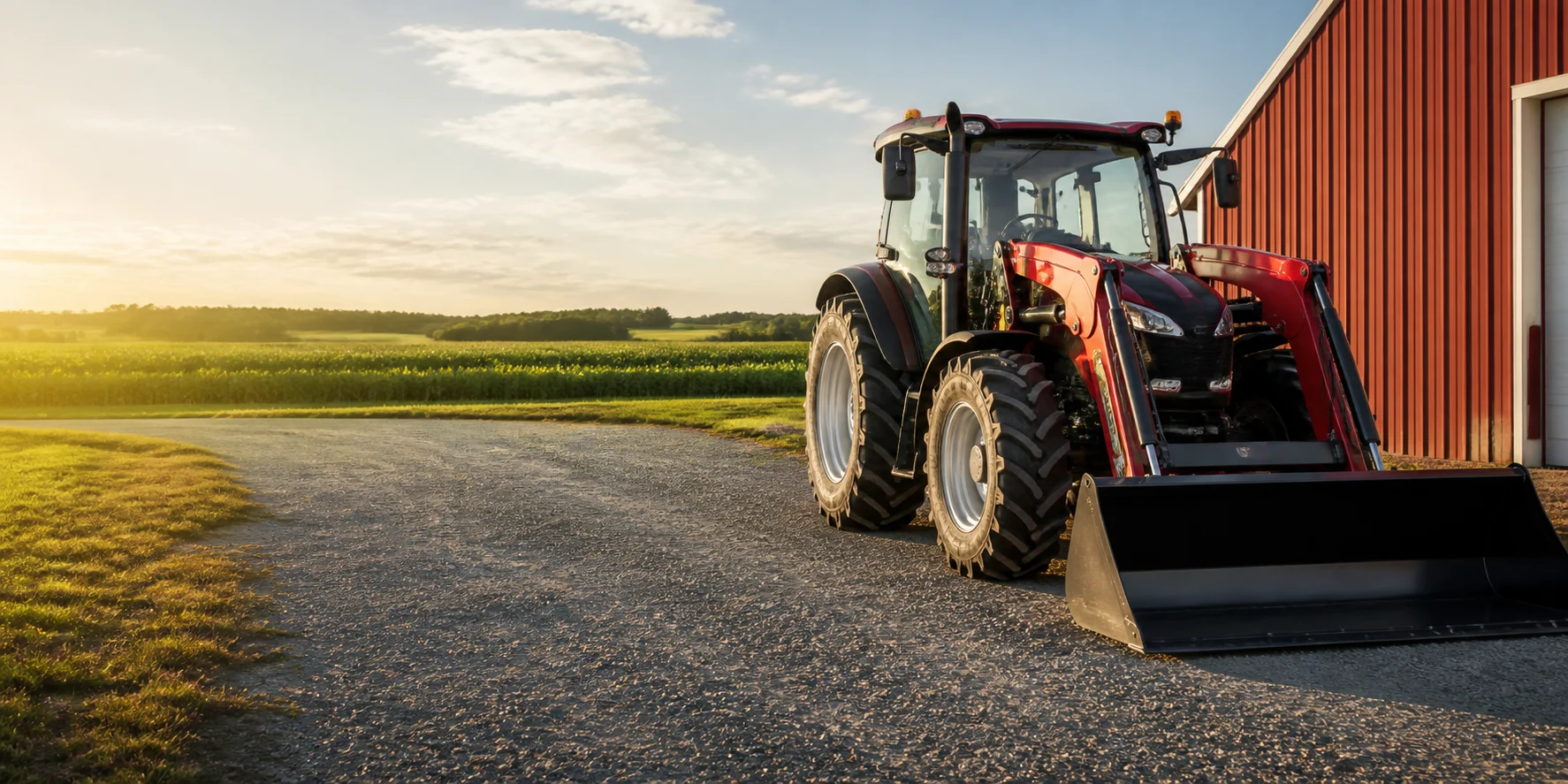 Tractor and loader parked beside a rural equipment building